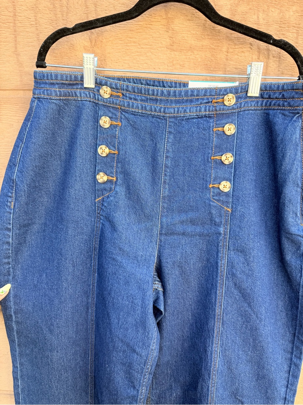 High-Waist Dark Blue Denim Women’s sailor wide leg jeans with Button Detail - Picture 3 of 8